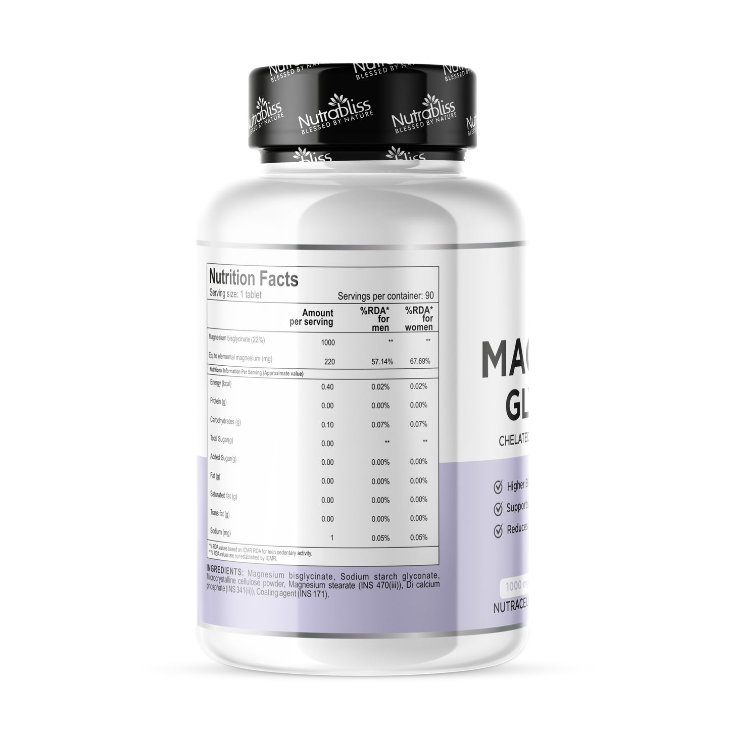 Nutrabliss Magnesium Glycinate 1000mg – Chelated Magnesium Supplement for Sleep, Muscle Recovery & Stress Relief 90 tablets