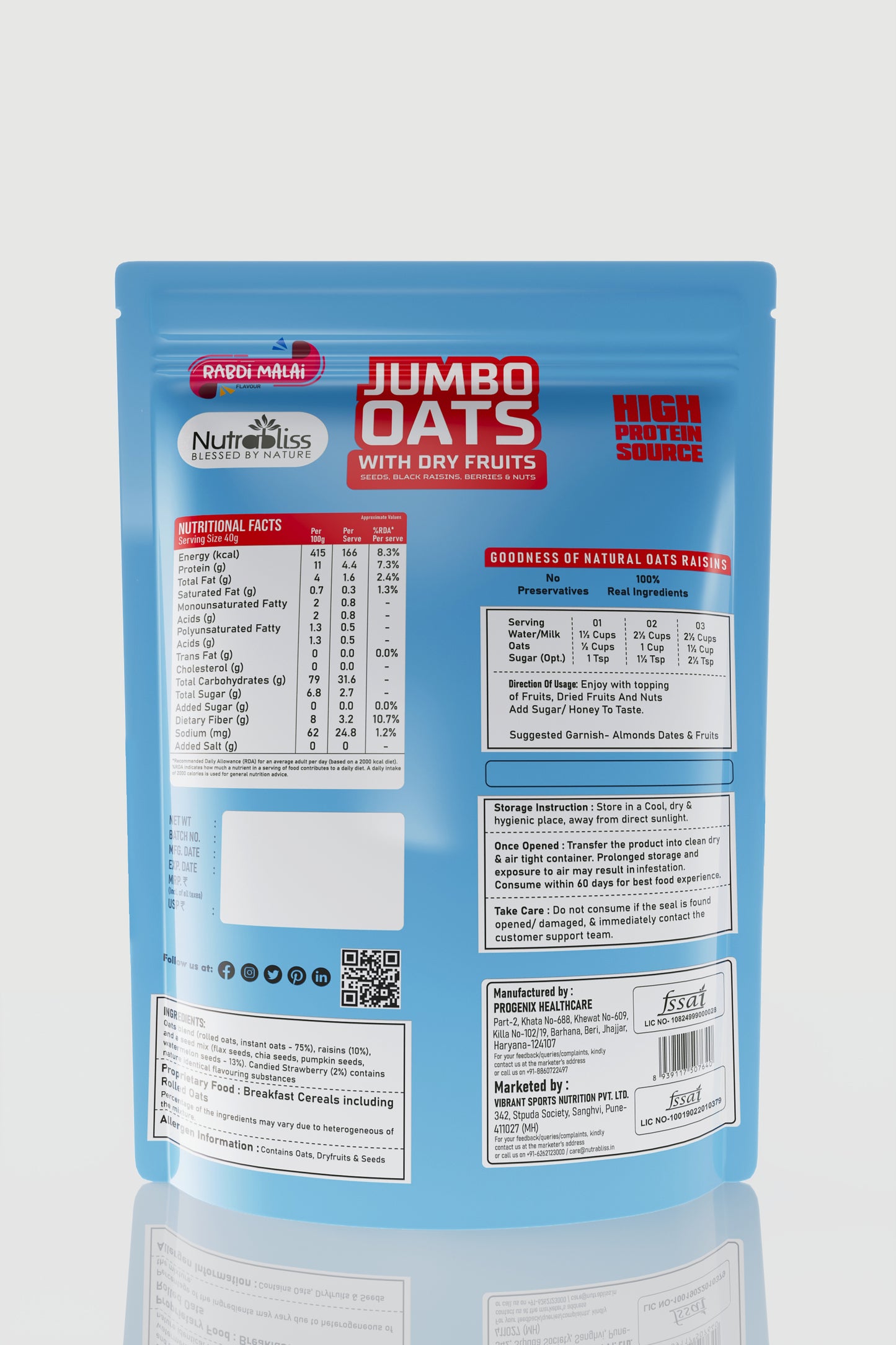 Nutrabliss Jumbo Oats Dry Fruits Seeds, Raisins, Berries, Nuts 750 grams Rabdi Malai Flavour