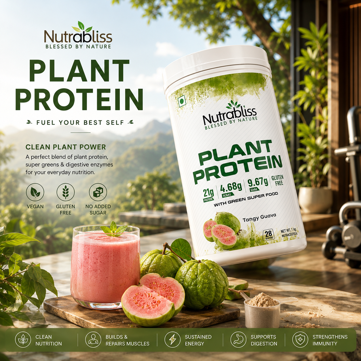 Nutrabliss Plant Protein – 1kg Tangy Guava with Greens & Enzymes