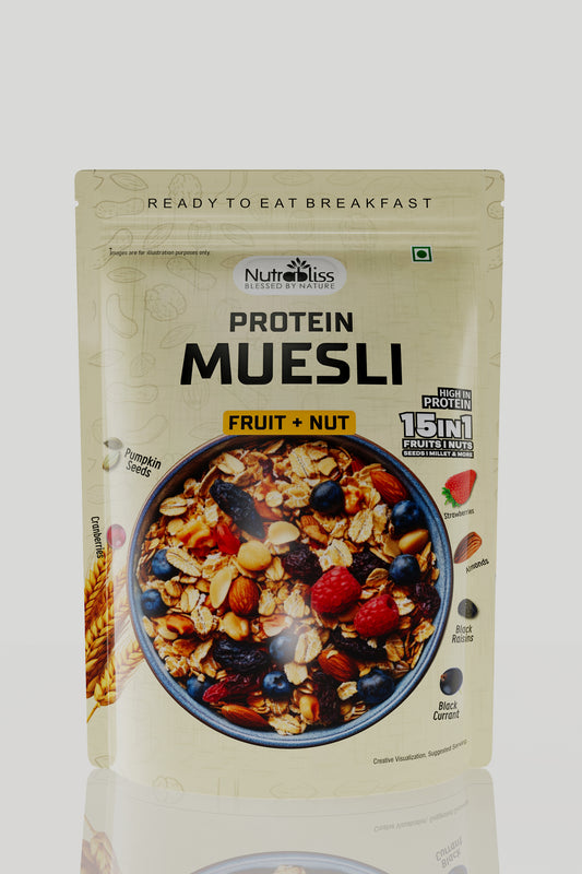 Nutrabliss High Protein Muesli Fruit + Nut Nuts, Dried Fruits and Seeds | 750 grams | Vegan | Dairy-free| Nutritious Snack and breakfast