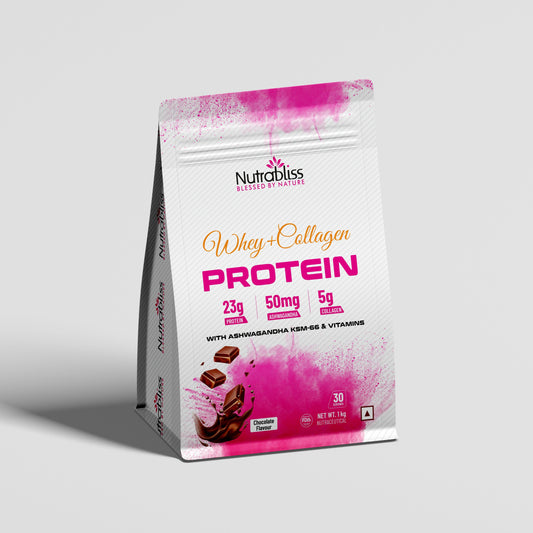 Nutrabliss Whey + Collagen Protein with KSM 66® Ashwagandha, Biotin, Multivitamins Chocolate Flavor 1 Kg